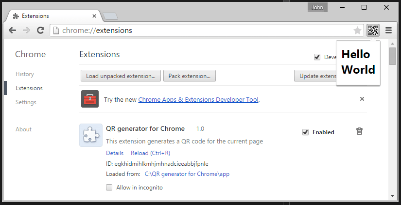 loading unpacked extension to Google Chome